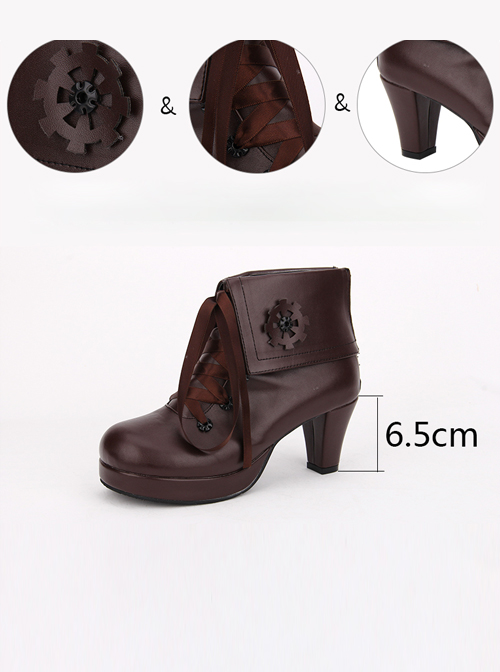 Brown Gear Decoration Lace-up Lolita High Heel Short Boots