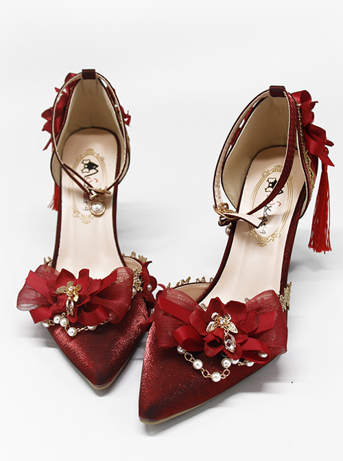 Gorgeous Red Chinese Style Classic Lolita Pointed Toe High Heel Shoes