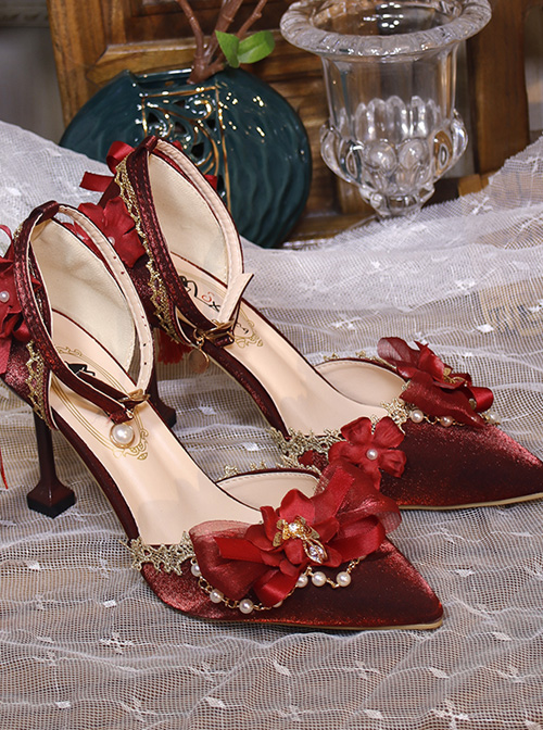 Gorgeous Red Chinese Style Classic Lolita Pointed Toe High Heel Shoes