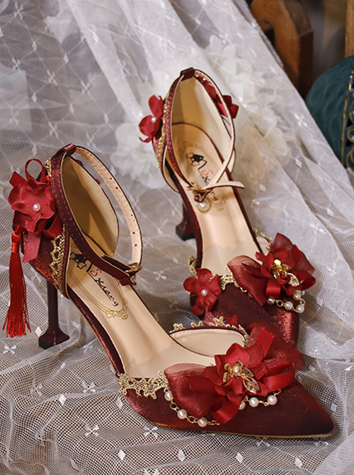 Gorgeous Red Chinese Style Classic Lolita Pointed Toe High Heel Shoes