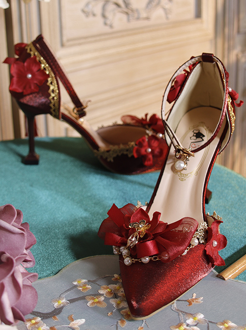 Gorgeous Red Chinese Style Classic Lolita Pointed Toe High Heel Shoes