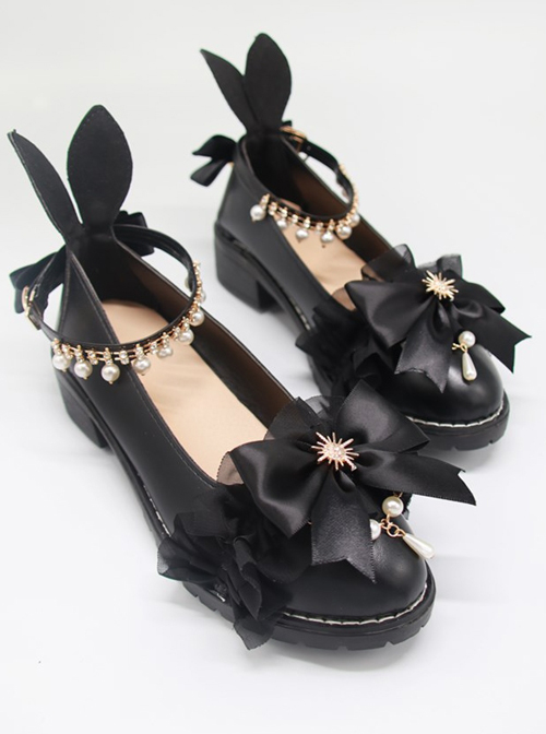 Black PU Bowknot Rabbit Ears Sweet Lolita Thick Heel Shoes