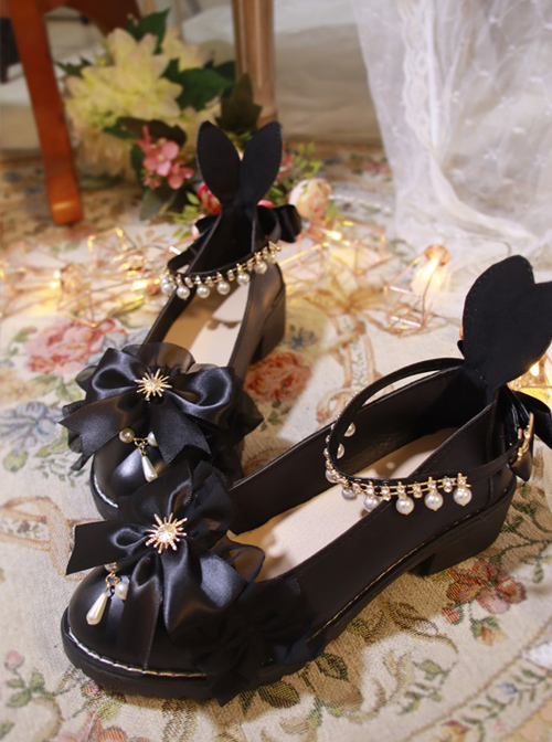 Black PU Bowknot Rabbit Ears Sweet Lolita Thick Heel Shoes