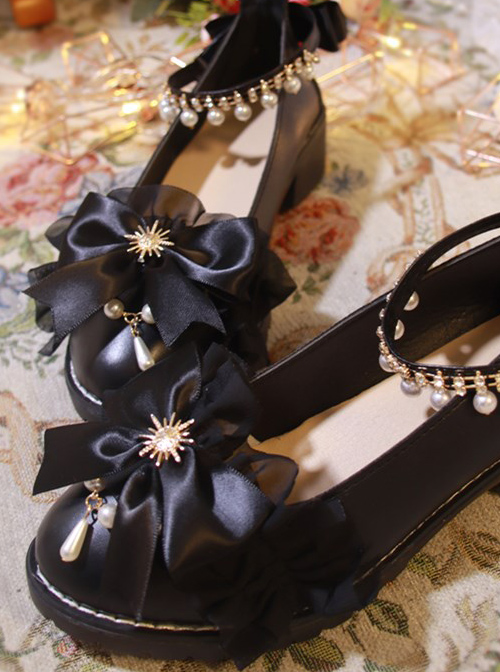 Black PU Bowknot Rabbit Ears Sweet Lolita Thick Heel Shoes