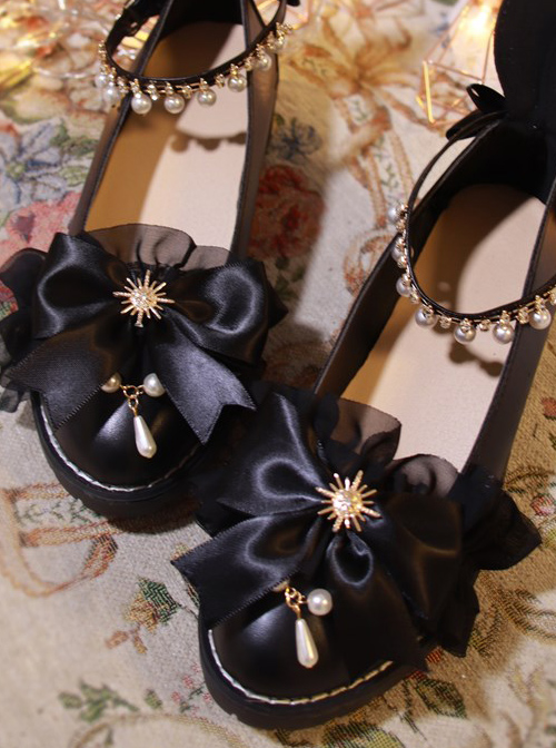 Black PU Bowknot Rabbit Ears Sweet Lolita Thick Heel Shoes