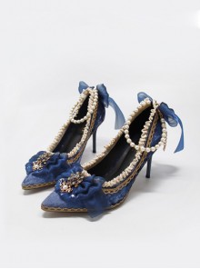 Pointed-toe Dark Blue Suede Classic Lolita Thin High Heel Shoes