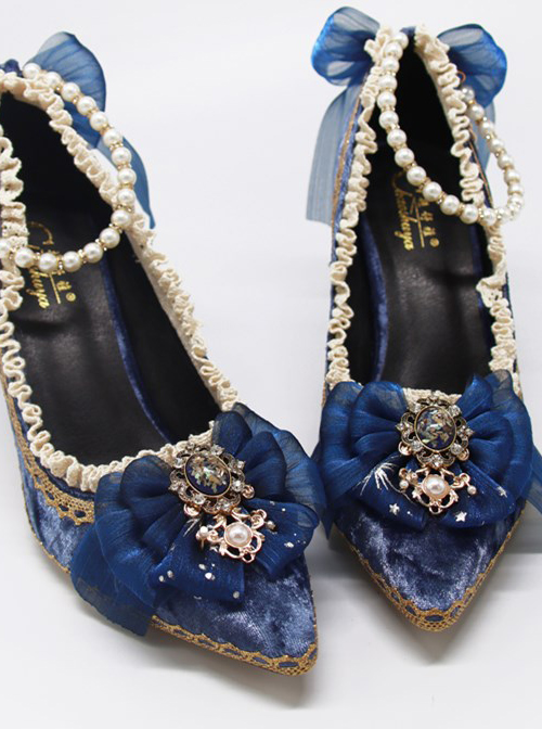 Pointed-toe Dark Blue Suede Classic Lolita Thin High Heel Shoes