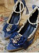 Pointed-toe Dark Blue Suede Classic Lolita Thin High Heel Shoes