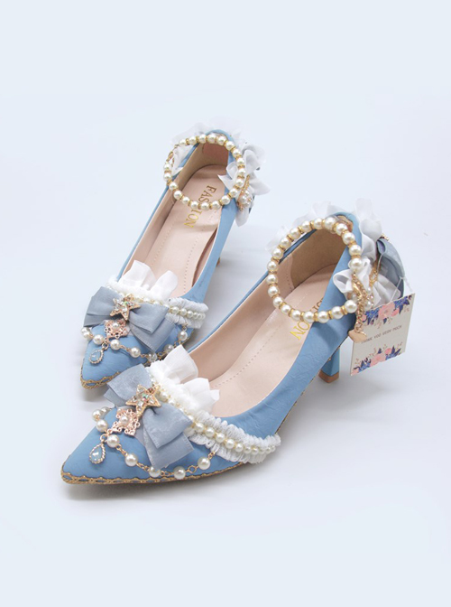 Light Blue Suede Exquisite Pearl Decoration Classic Lolita High Heel Shoes