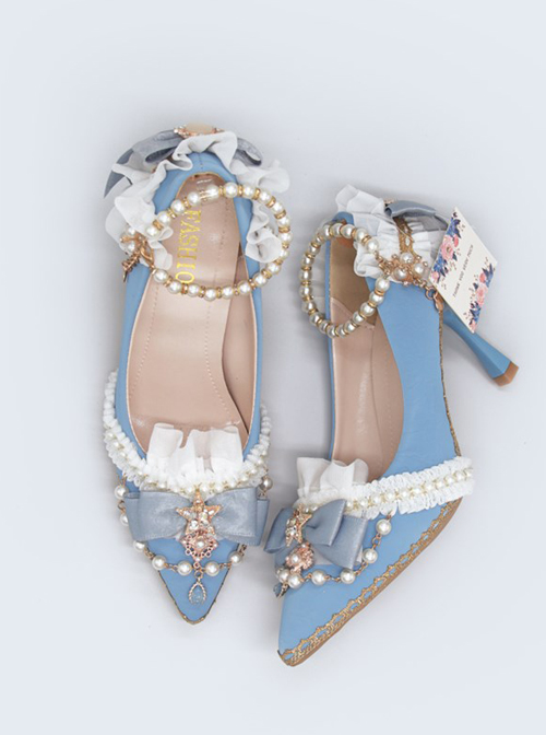 Light Blue Suede Exquisite Pearl Decoration Classic Lolita High Heel Shoes