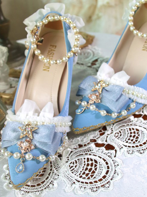 Light Blue Suede Exquisite Pearl Decoration Classic Lolita High Heel Shoes