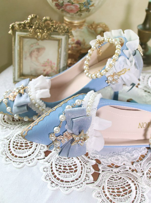 Light Blue Suede Exquisite Pearl Decoration Classic Lolita High Heel Shoes