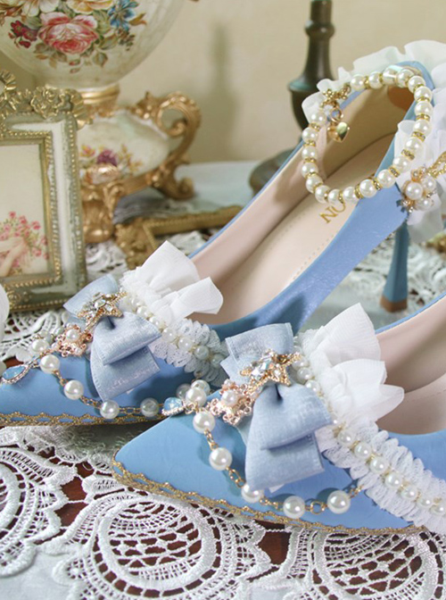 Light Blue Suede Exquisite Pearl Decoration Classic Lolita High Heel Shoes