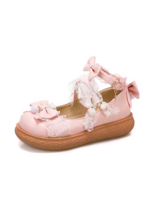 Round-toe Small Pompom Pendant Cute Bowknot Sweet Lolita Flat Shoes