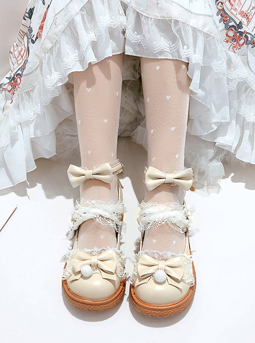 Round-toe Small Pompom Pendant Cute Bowknot Sweet Lolita Flat Shoes