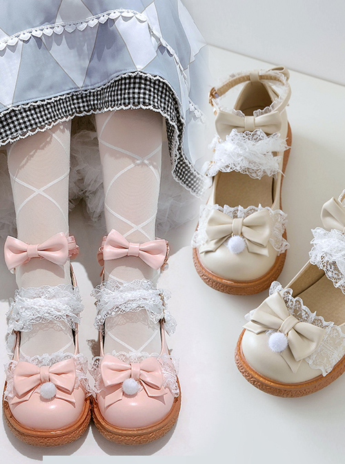 Round-toe Small Pompom Pendant Cute Bowknot Sweet Lolita Flat Shoes