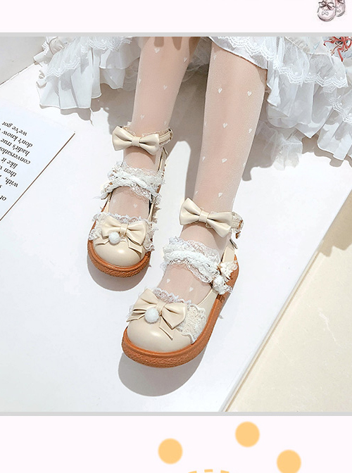 Round-toe Small Pompom Pendant Cute Bowknot Sweet Lolita Flat Shoes