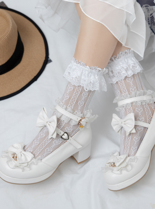 Bowknot White Frills Sweet Lolita Easy Matching High Heel Shoes