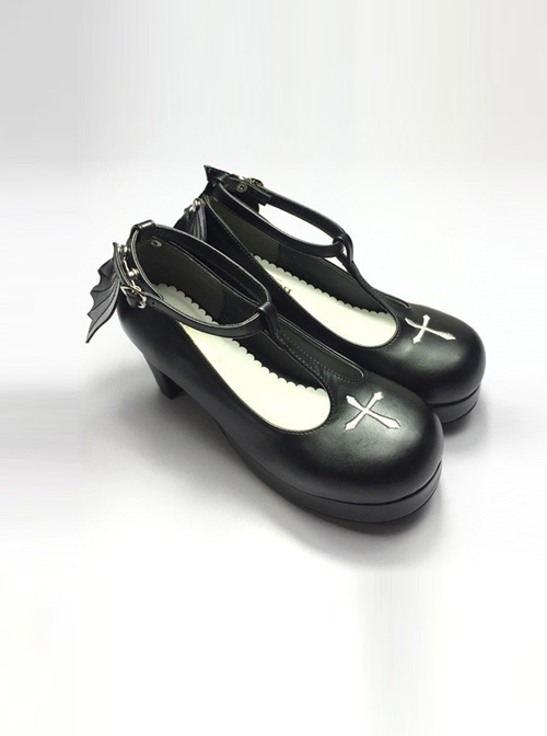 Angelic Imprint T-shaped Straps Gothic Lolita Heels Shoes with Detachable Angel Wings