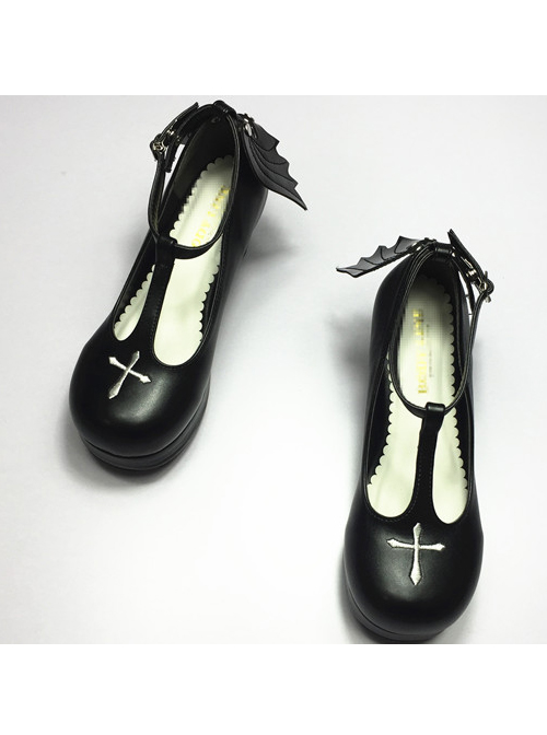 Angelic Imprint T-shaped Straps Gothic Lolita Heels Shoes with Detachable Angel Wings