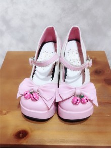 Pink And White Bowknot Small Bells Lolita High Heel Shoes