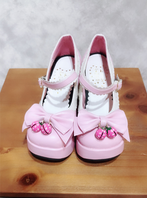 Pink And White Bowknot Small Bells Lolita High Heel Shoes