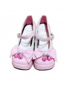 Pink And White Bowknot Small Bells Lolita High Heel Shoes