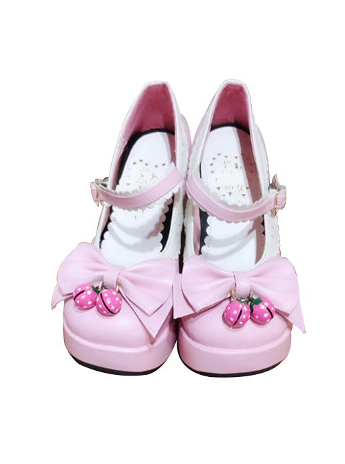 Pink And White Bowknot Small Bells Lolita High Heel Shoes