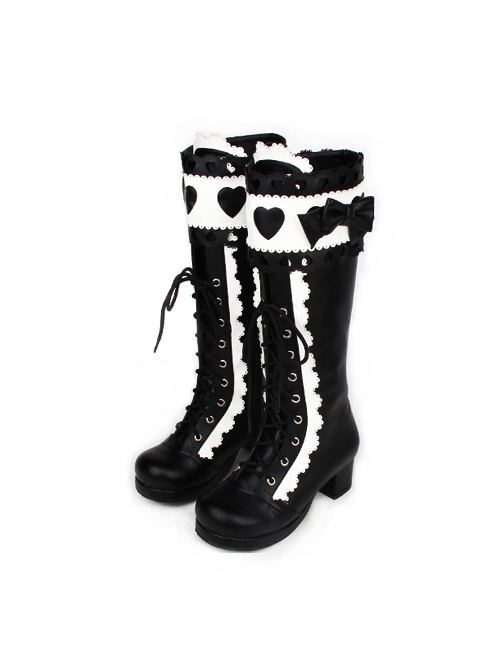 Black-white Sweet Lace Bowknot Heart-shaped Round-toe Lolita High Boots