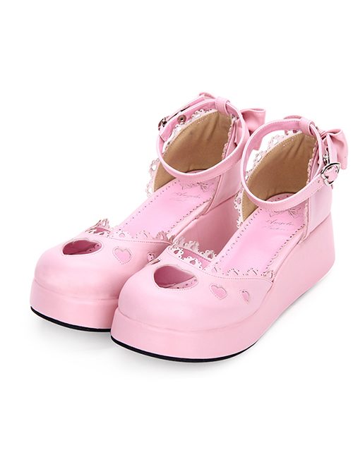 Round-toe Hollow Out Heart Decoration Sweet Lolita Pearlescent Thick Base Shoes