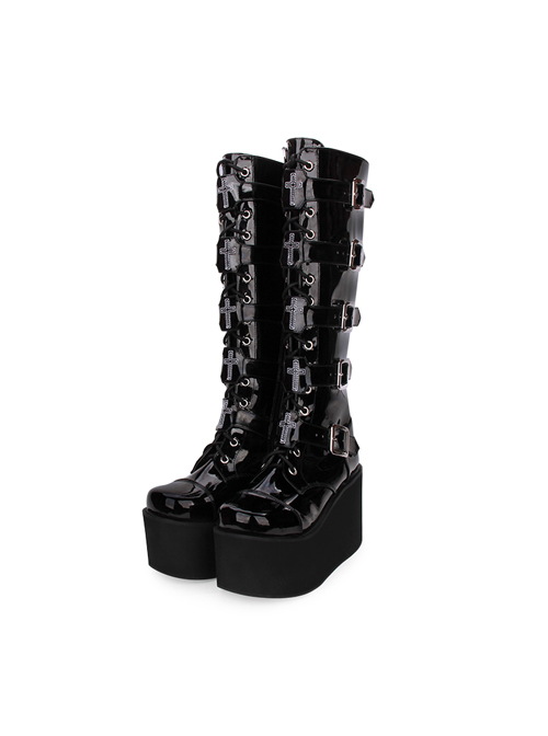 Punk Cross Black Patent Leather Gothic Lace-up Long Boots