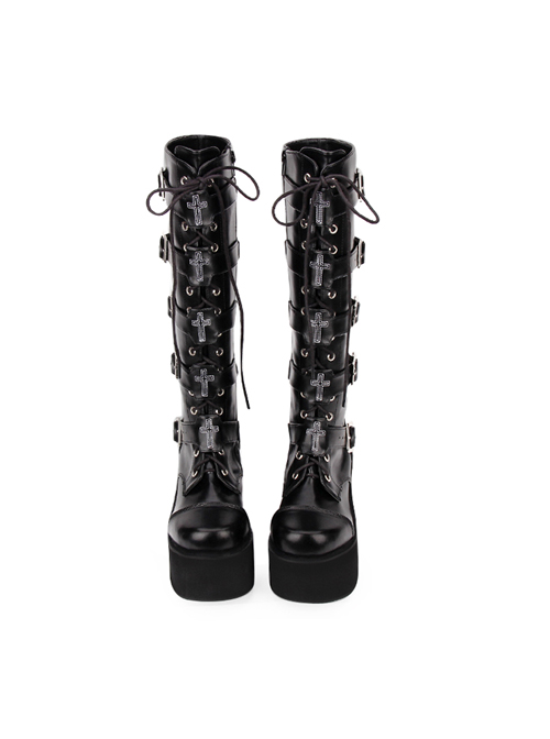 Punk Cross Black Patent Leather Gothic Lace-up Long Boots