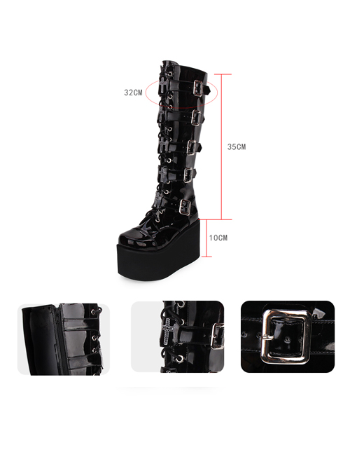 Punk Cross Black Patent Leather Gothic Lace-up Long Boots