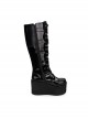 Punk Cross Black Patent Leather Gothic Lace-up Long Boots