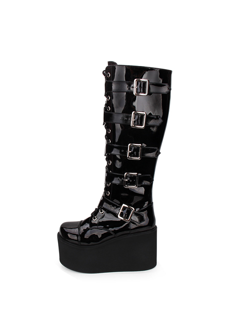 Punk Cross Black Patent Leather Gothic Lace-up Long Boots