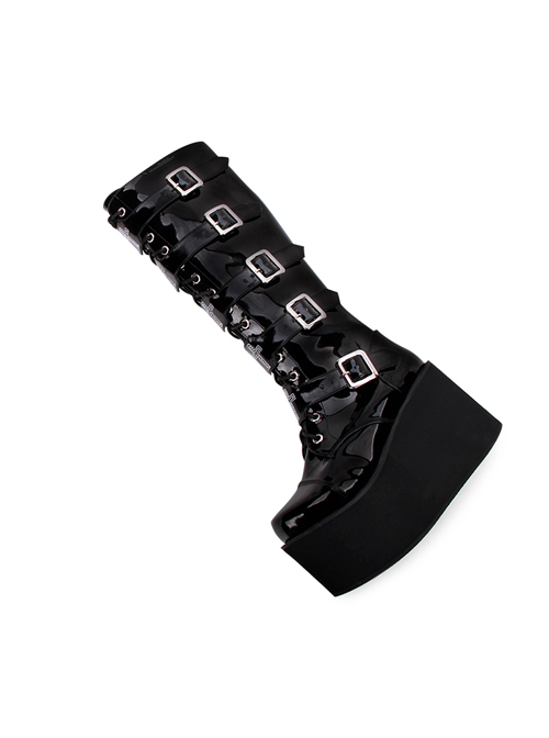 Punk Cross Black Patent Leather Gothic Lace-up Long Boots