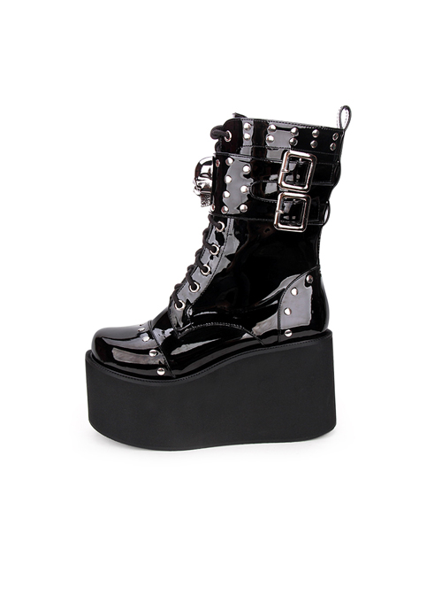 Thick Sole Black Punk Skull Decorative Side Zip Gothic Lolita Boots