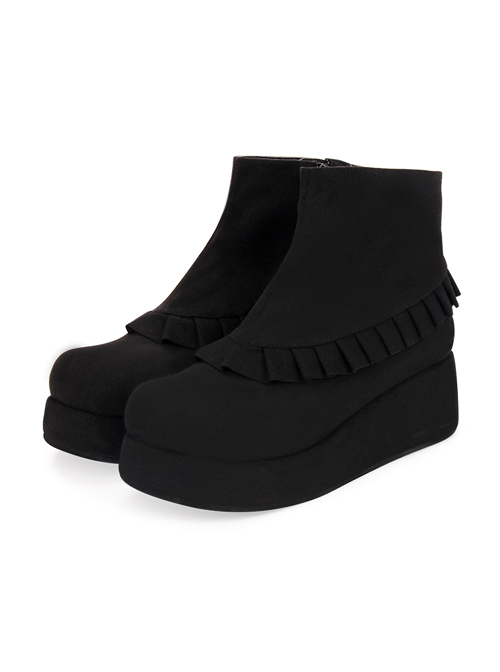 Round-toe Ruffle Plus Velvet College Lolita Platform Booties