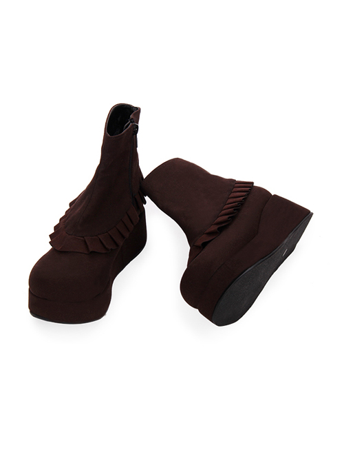 Round-toe Ruffle Plus Velvet College Lolita Platform Booties