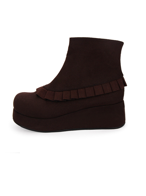 Round-toe Ruffle Plus Velvet College Lolita Platform Booties