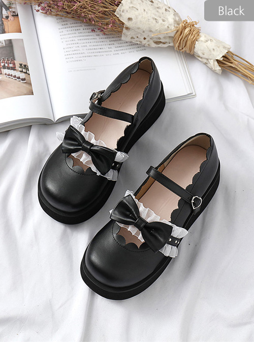 Round-toe Bowknot Lace Ruffle Cute School Lolita Thick Sole Shoes