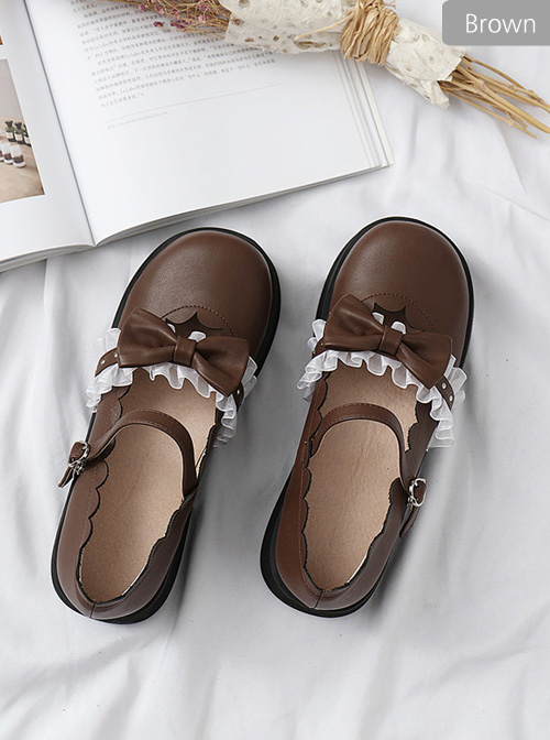 Round-toe Bowknot Lace Ruffle Cute School Lolita Thick Sole Shoes