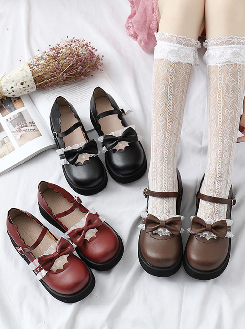 Round-toe Bowknot Lace Ruffle Cute School Lolita Thick Sole Shoes