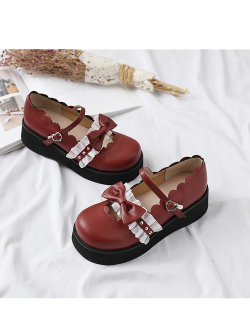 Round-toe Bowknot Lace Ruffle Cute School Lolita Thick Sole Shoes