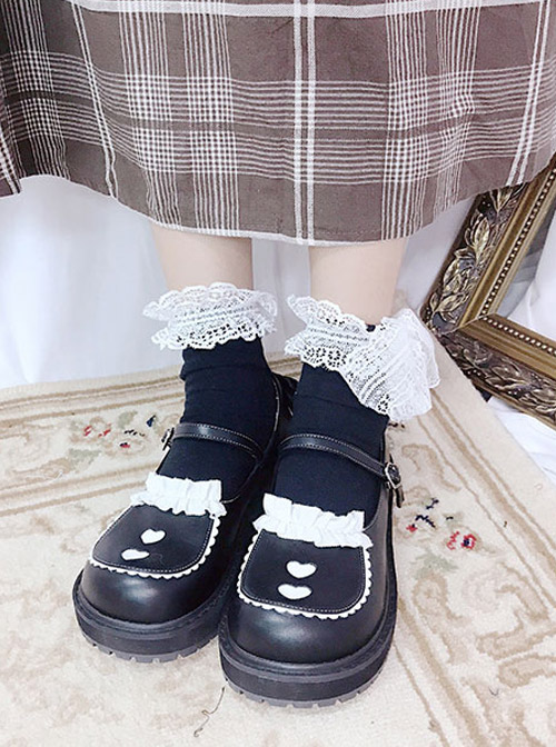 Cute Bowknot Ruffle Round-toe Black Sweet Lolita Shoes