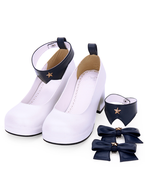 Round-toe Detachable Pentagram Bowknot Lolita Navy Shoes
