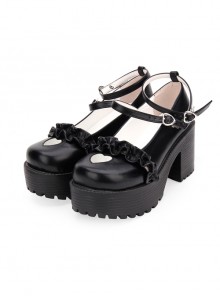 Round-toe Hollow Out Heart-shape Ruffle School Lolita High Heels Shoes