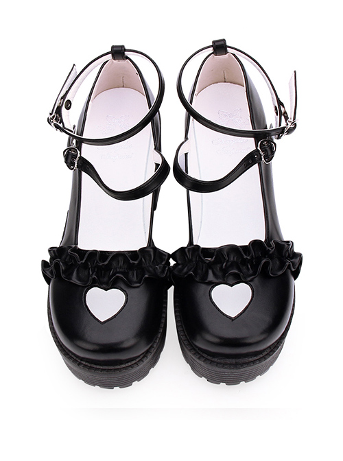 Round-toe Hollow Out Heart-shape Ruffle School Lolita High Heels Shoes