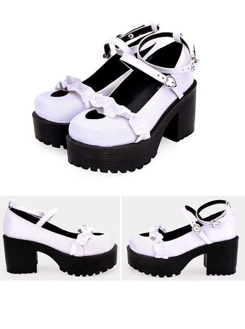 Round-toe Hollow Out Heart-shape Ruffle School Lolita High Heels Shoes