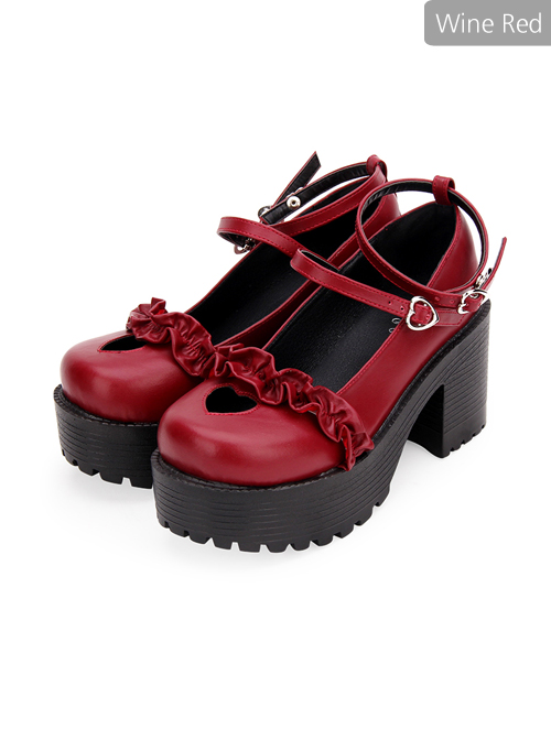 Round-toe Hollow Out Heart-shape Ruffle School Lolita High Heels Shoes